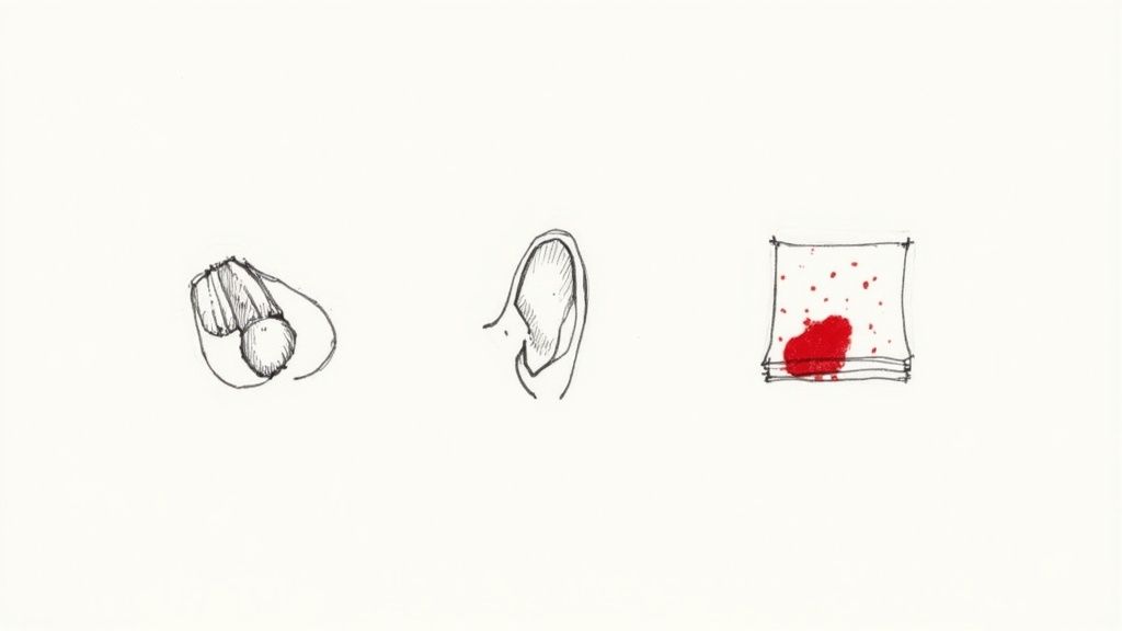 Three simple sketches: an ear applicator, a stylized ear, and a red-stained cloth sample on white.