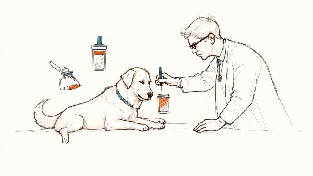 A veterinarian examining a dog's gentle and professional approach.