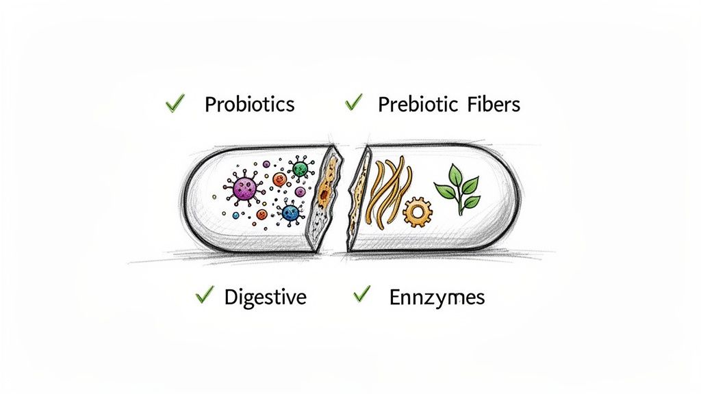 A split capsule showing probiotics and prebiotic fibers, enzymes, and digestive components.