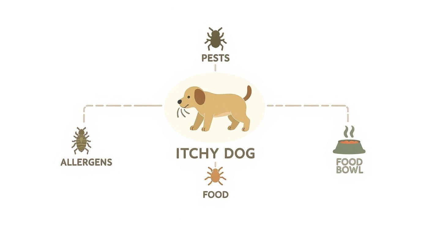 Diagram showing common causes of itchy dog including pests, allergens, food, and food bowl