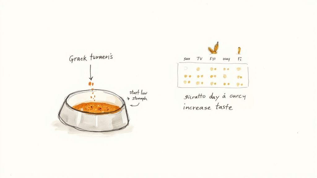 Illustration of turmeric being added to a bowl, with notes on starting low and increasing dose, plus a daily tracking chart.