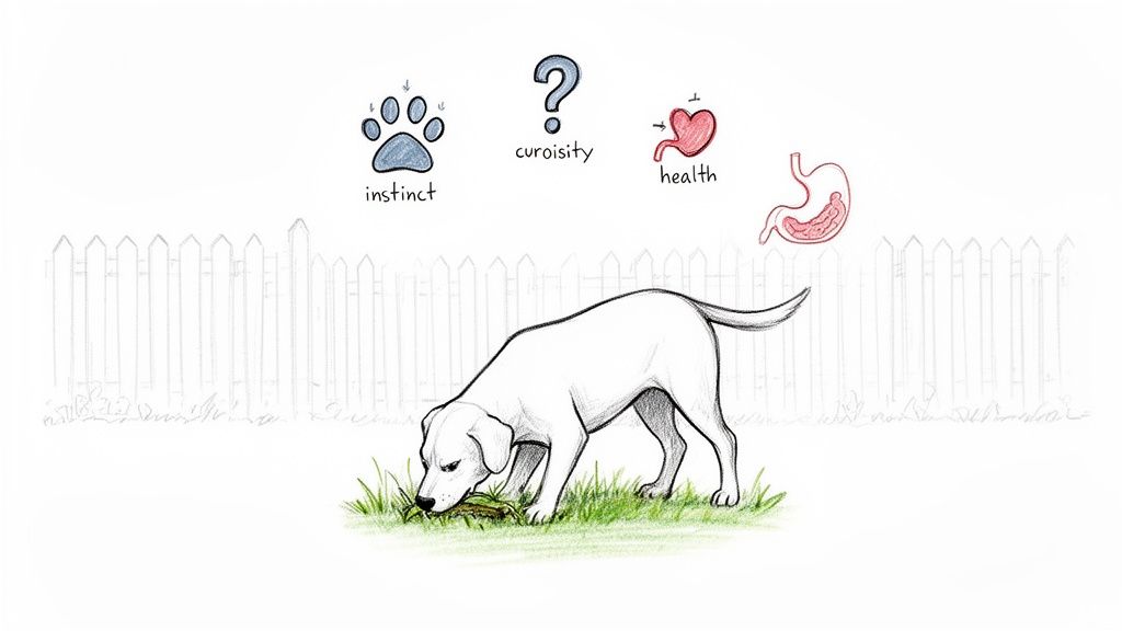Illustration of a dog eating grass, with icons representing instinct, curiosity, health, and digestion.