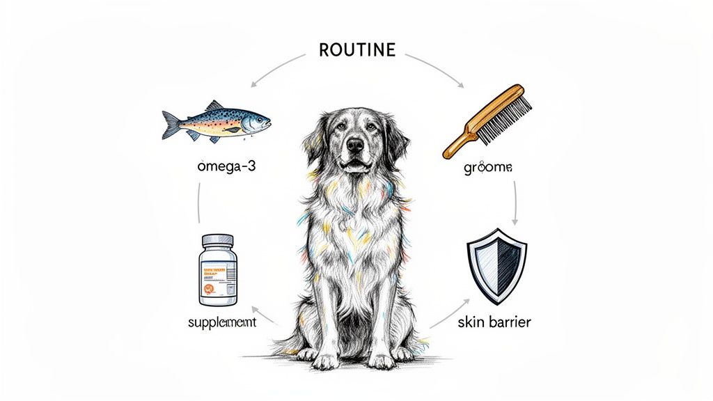 A diagram illustrates a routine for dog health, including omega-3, supplements, grooming, and skin barrier protection.