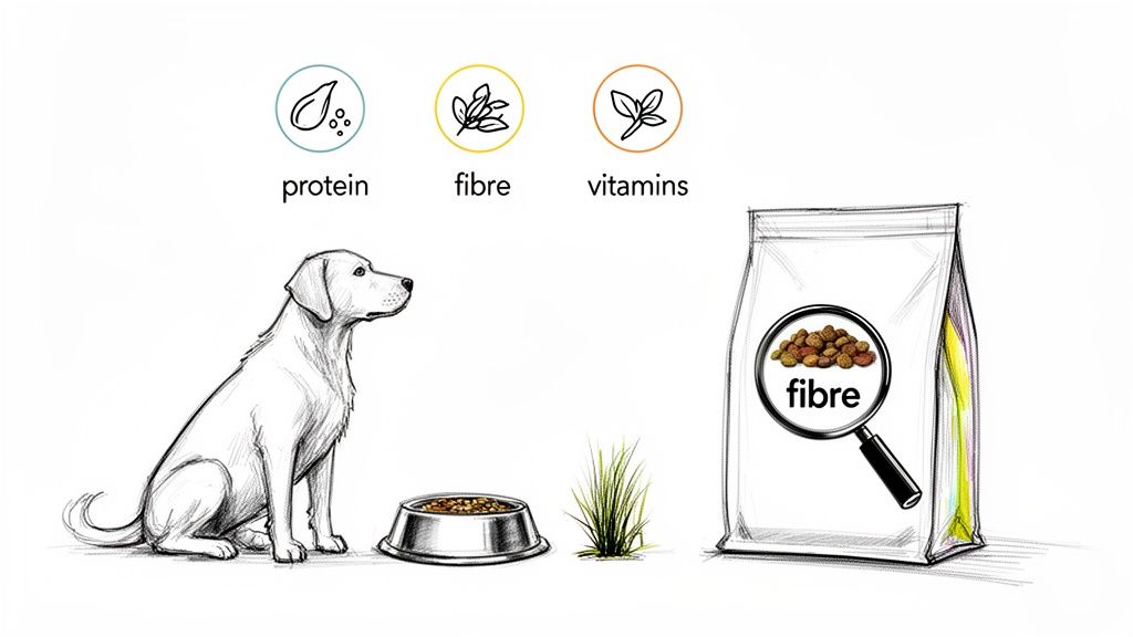 Sketch of a dog, food bowl, and dog food bag with icons for protein, fibre, and vitamins.