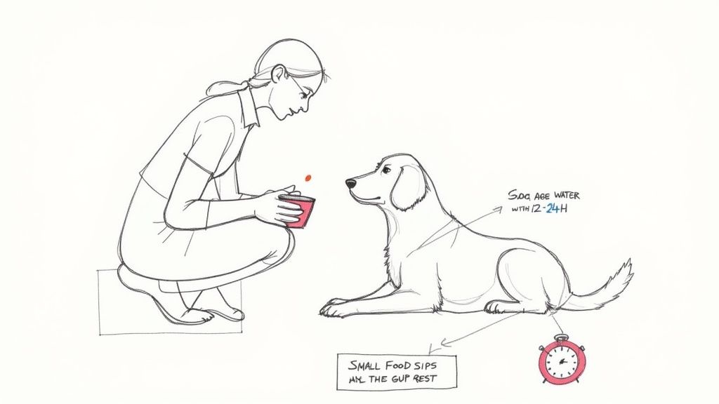 A person feeding a dog small sips of food, with instructions for water and rest.