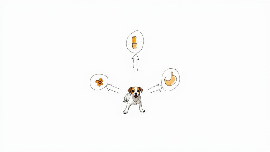 A happy dog and owner using a laptop to research supplements