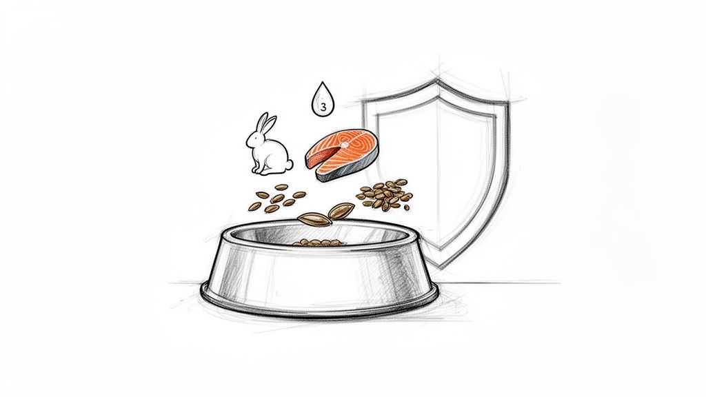 Ingredients like rabbit, salmon, seeds, and omega-3 oil falling into a pet food bowl, protected by a shield.