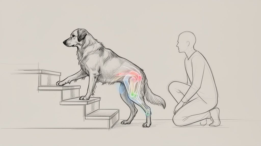 A dog with highlighted, painful hind leg joints attempts to climb stairs, observed by a person.