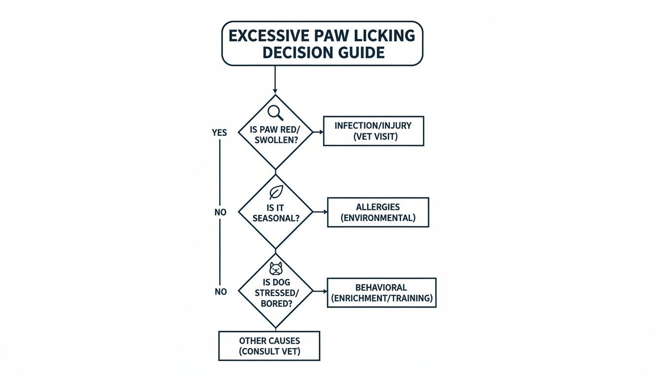 A flowchart decision guide for diagnosing causes of excessive dog paw licking.