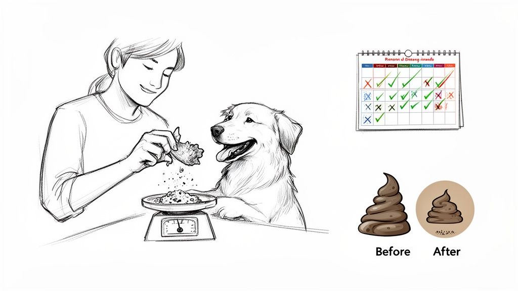 Illustration of a person feeding a dog, a calendar, and 'before/after' dog poop for digestive health.