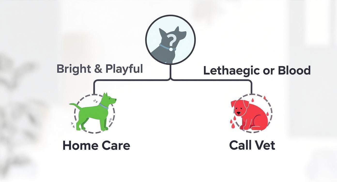Flowchart for dog care: bright and playful means home care, lethargic or blood means call vet.