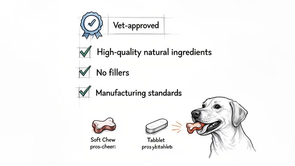Happy dog enjoying vet-approved soft chews, highlighting natural ingredients, no fillers, and manufacturing standards for supplements.