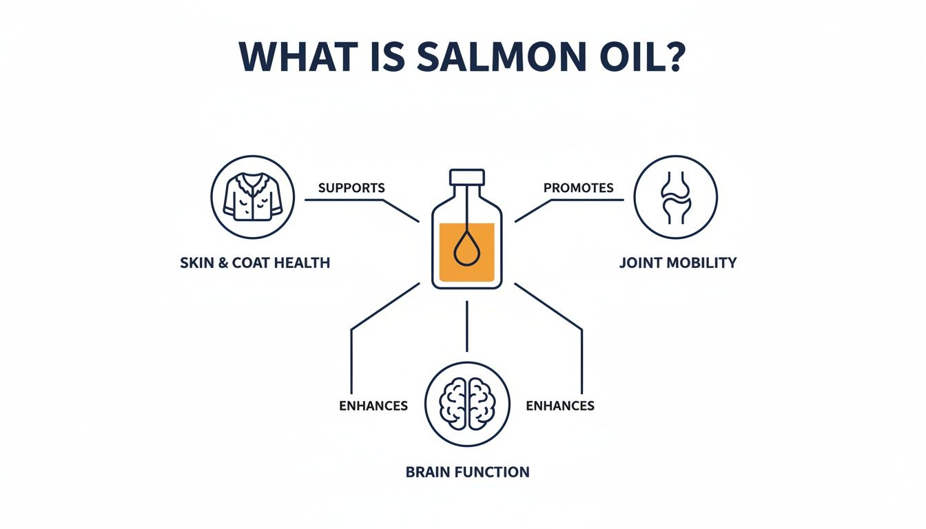 Infographic showing a bottle of salmon oil with lines pointing to its benefits: supports skin & coat health, promotes joint mobility, and enhances brain function.
