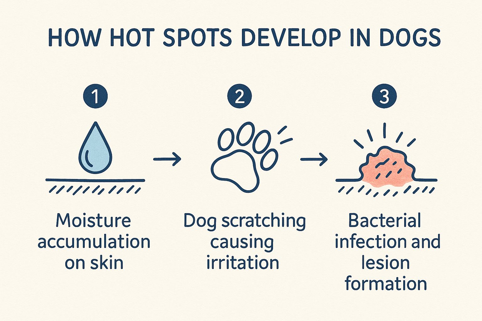 Infographic showing the three-step process of hot spot development: moisture, scratching, and infection.