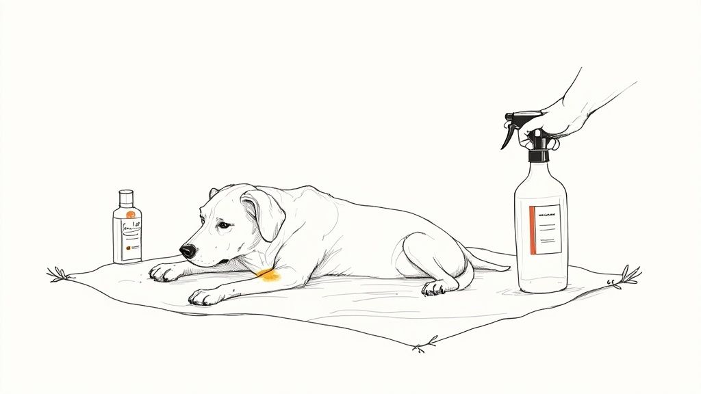 A person gently washing a small, fluffy white dog in a bathtub.