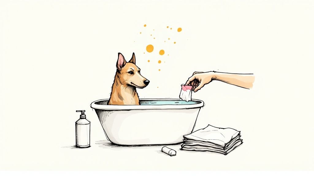 A person gently bathing their dog in a tub