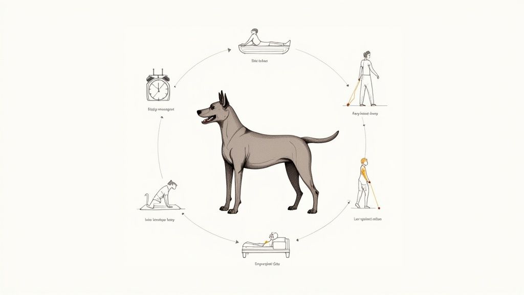 Illustrated cycle of a dog owner's daily routine, including exercise and walks with their dog.