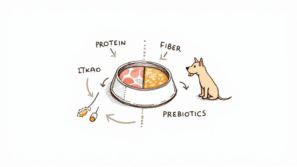 A bowl of high-quality dog food surrounded by fresh ingredients like chicken, carrots, and peas.