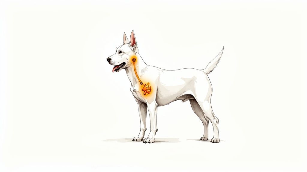 White dog illustration wearing orange collar with flower medallion showing anatomical health points