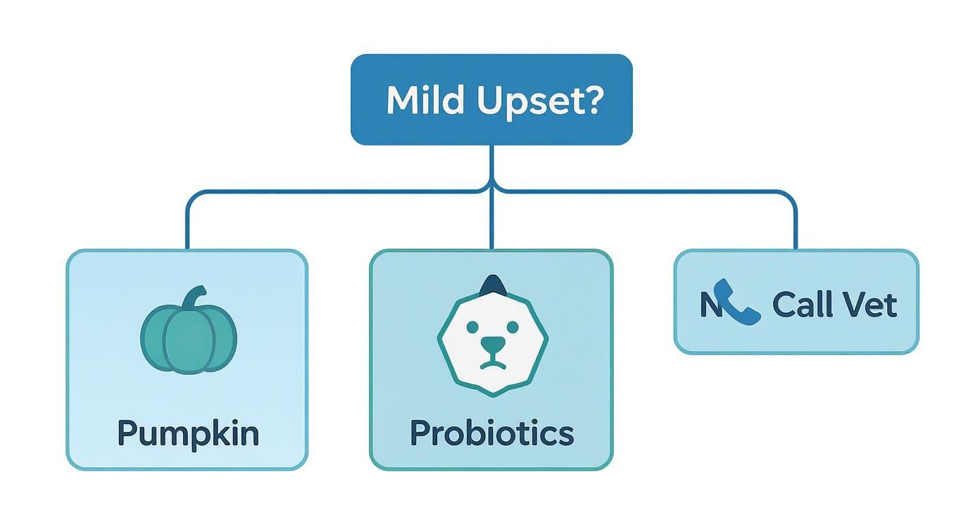 A flowchart illustrating options for mild dog upset, including pumpkin, probiotics, or calling the vet.