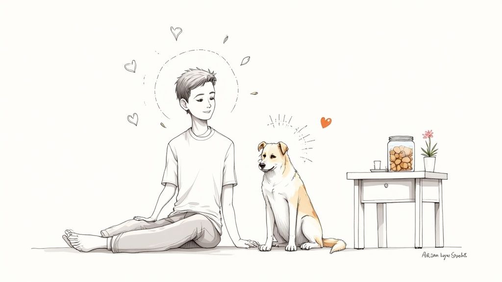 A golden retriever dog looking calm and relaxed while resting its head on a wooden surface