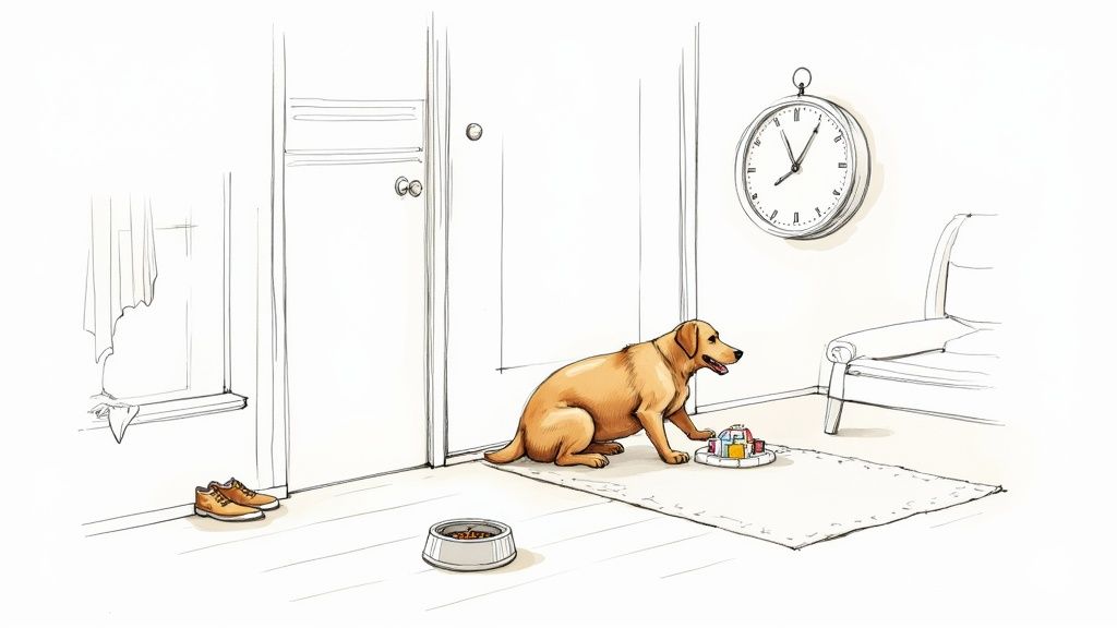 A golden Labrador dog sits on a rug, looking at colorful gifts next to a food bowl.
