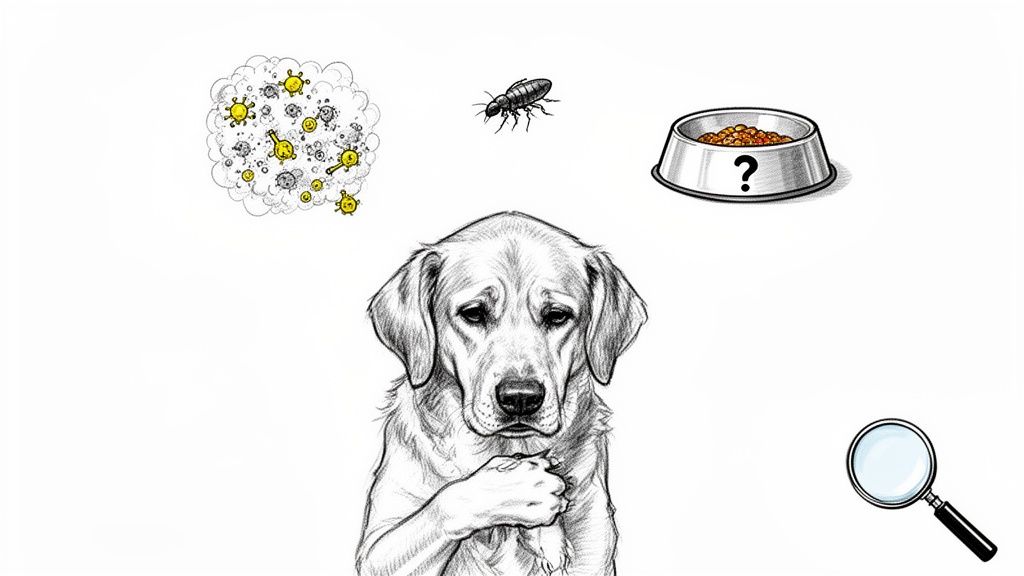 A sad dog pondering potential causes of itching: allergens, fleas, or unknown food, with a magnifying glass.