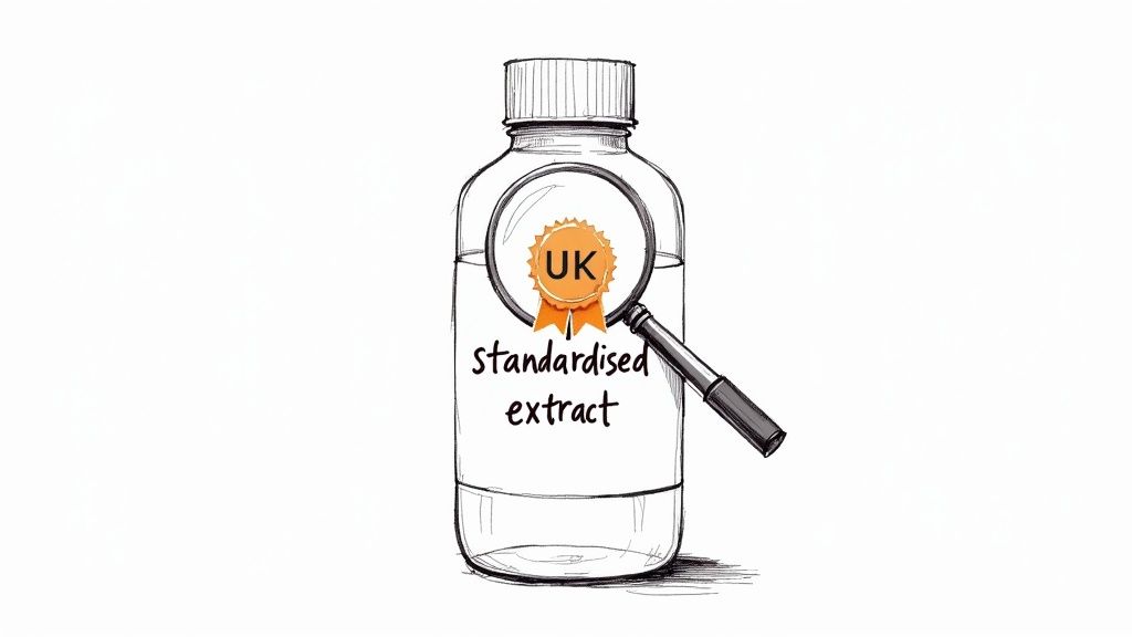 Sketch of a bottle containing UK standardised extract, highlighted by a magnifying glass.