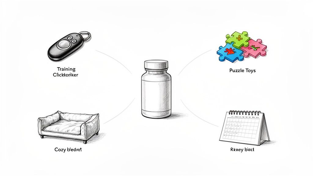 A supplement bottle surrounded by icons representing dog well-being: training clicker, puzzle toys, cozy bed, and a calendar.