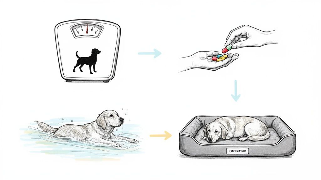 Illustrations depicting a dog's joint health journey: weight check, supplements, hydrotherapy, and rest.