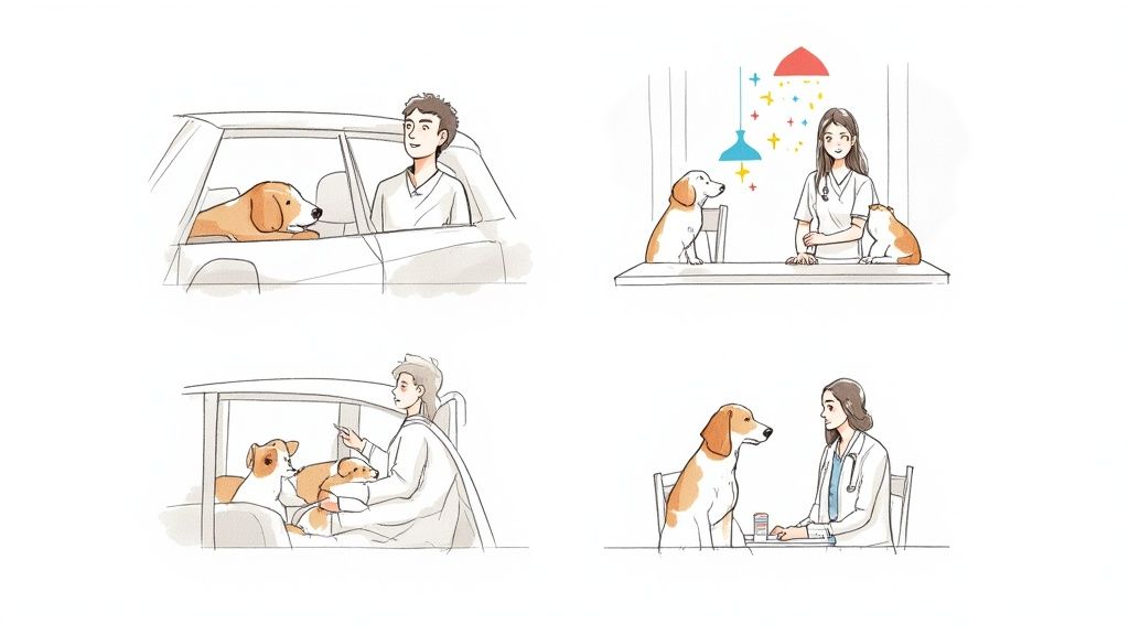 Illustrations depicting various scenes of dog owners with their dogs at a friendly vet clinic.