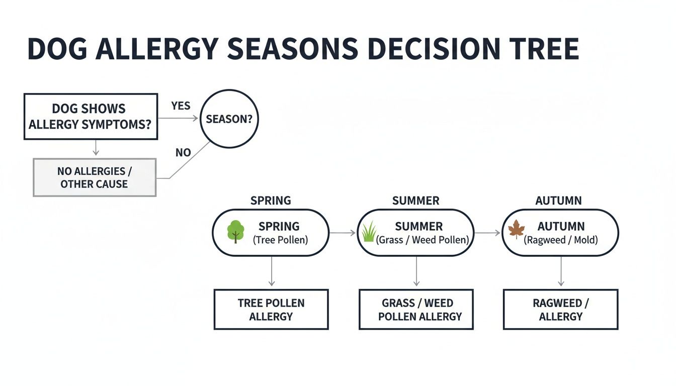 Decision tree illustrating dog allergy symptoms, seasons, and common environmental allergens.