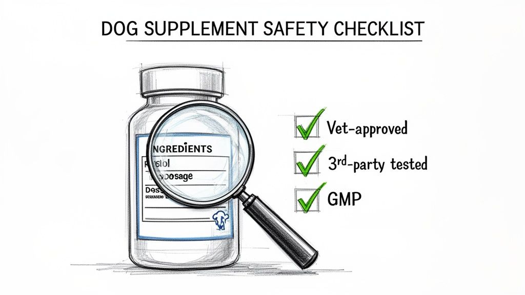 A dog supplement safety checklist showing a bottle, magnifying glass, and checked items like Vet-approved, 3rd-party tested, and GMP.