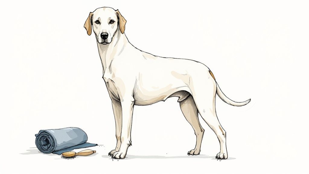 A curious dog looking up at the camera, seemingly asking a question