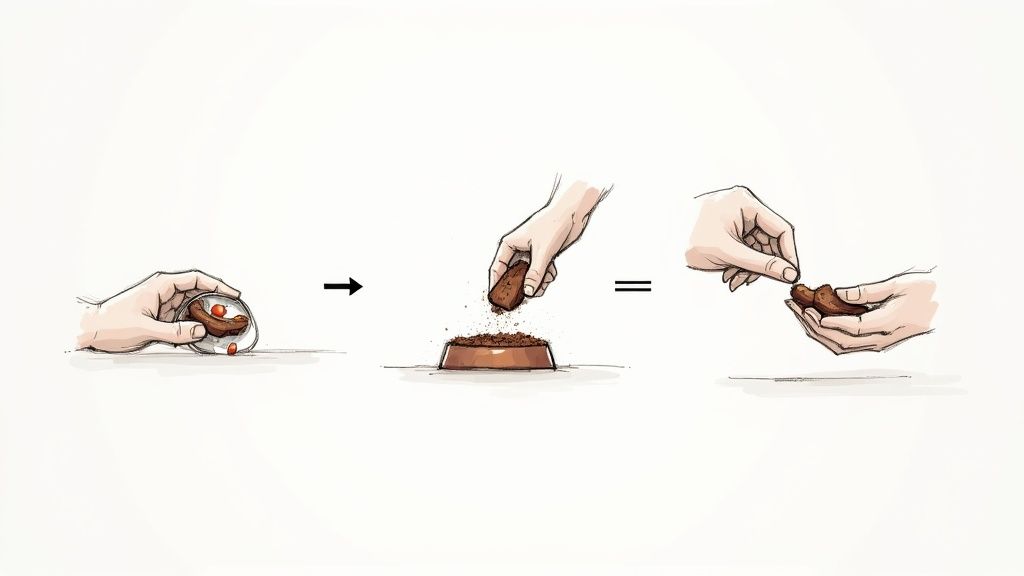 Hands preparing dog supplements: crumbling a treat into a bowl and breaking a treat by hand.