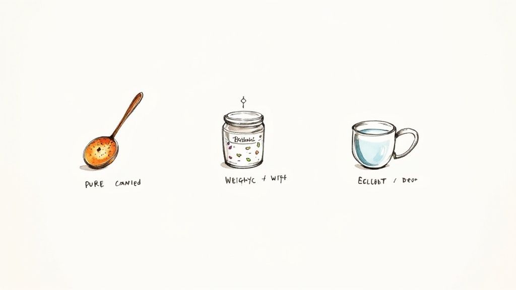 Three hand-drawn watercolor illustrations featuring a spoon, a jar, and a mug on a white background.