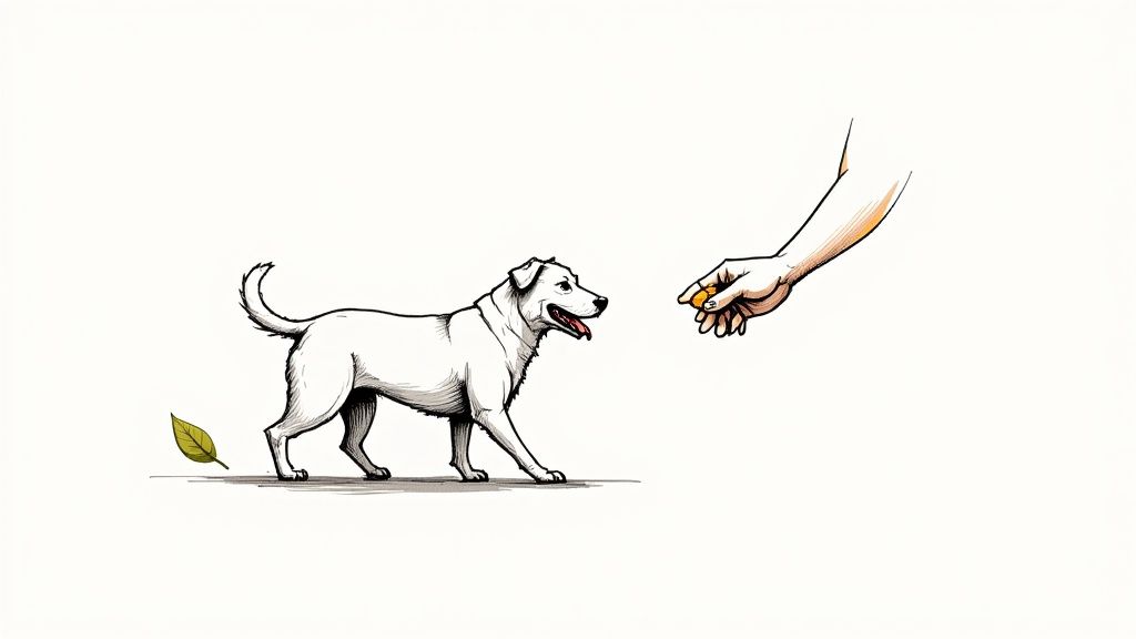 A white dog approaches a human hand offering a small treat, with a green leaf nearby.