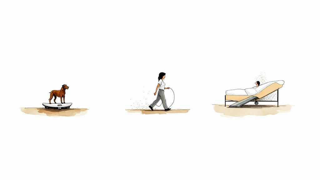 Illustration shows a dog on a vibrator, a woman walking with a rope, and a person in an adjustable bed.