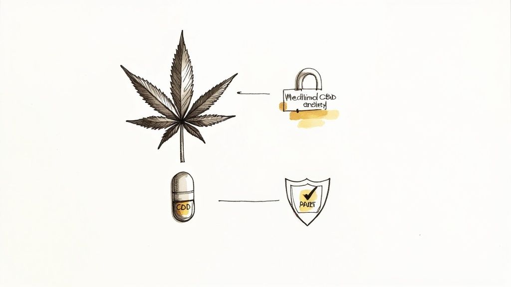 An illustration showing a cannabis leaf, a padlock for medicinal CBD and anxiety, a CDD capsule, and a patent shield.