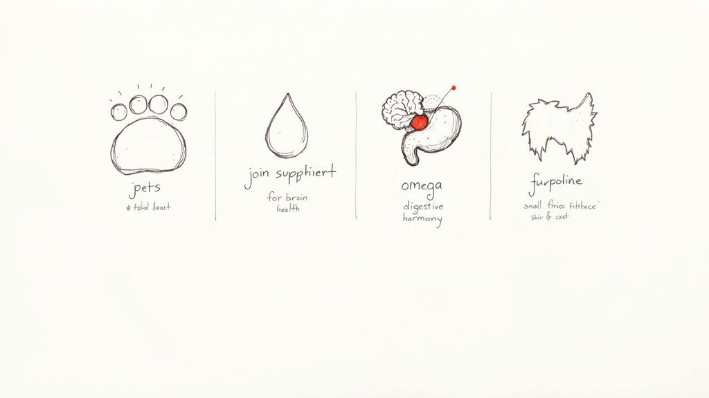 Hand-drawn illustrations show pet health categories: overall care, brain, digestion, and skin and coat.