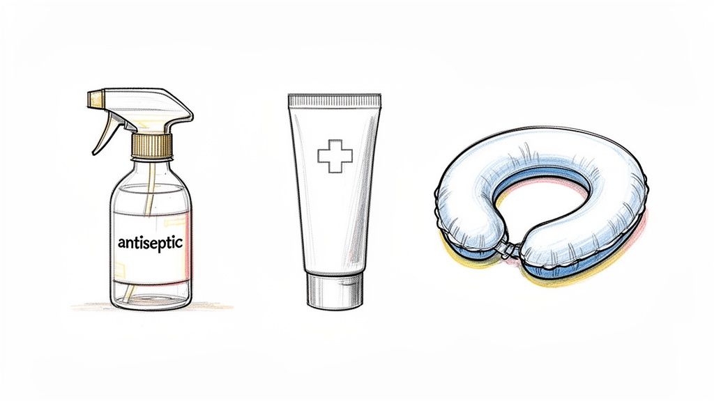 An antiseptic spray bottle, a medical cream tube with a red cross, and an inflatable neck pillow.