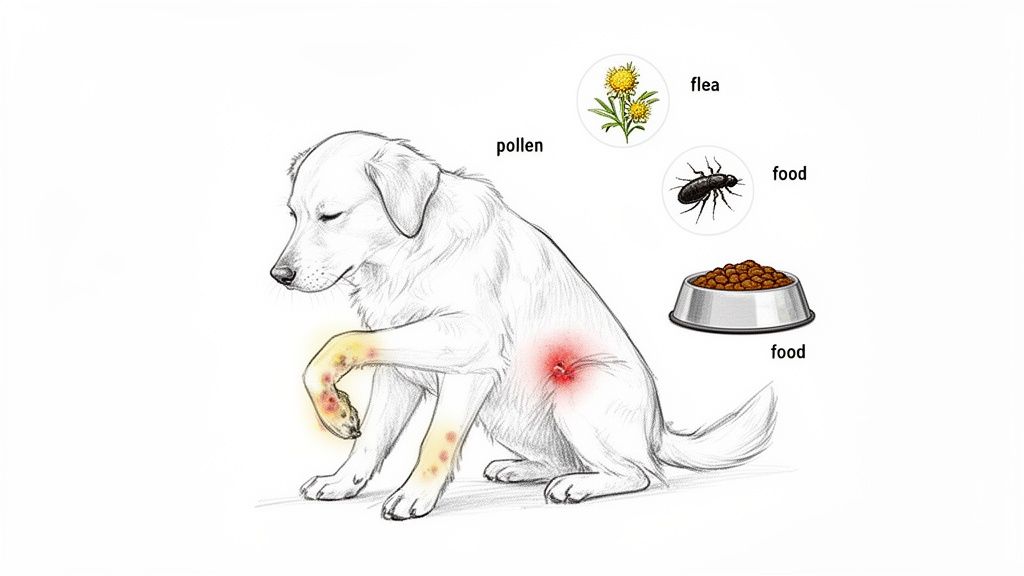An illustration of a dog suffering from allergies, showing skin irritation and potential allergens like pollen, flea, and food.