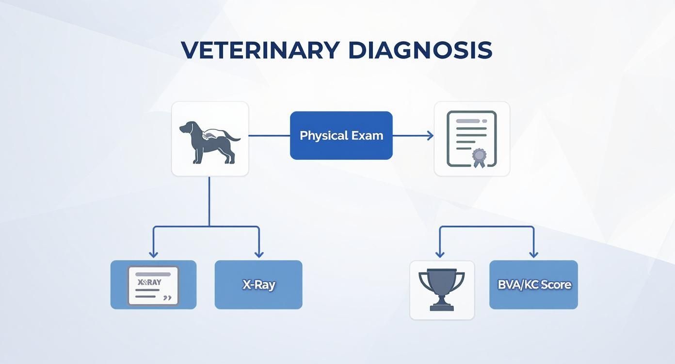 An infographic decision tree showing the two paths to a hip dysplasia diagnosis through a vet or a breeder.