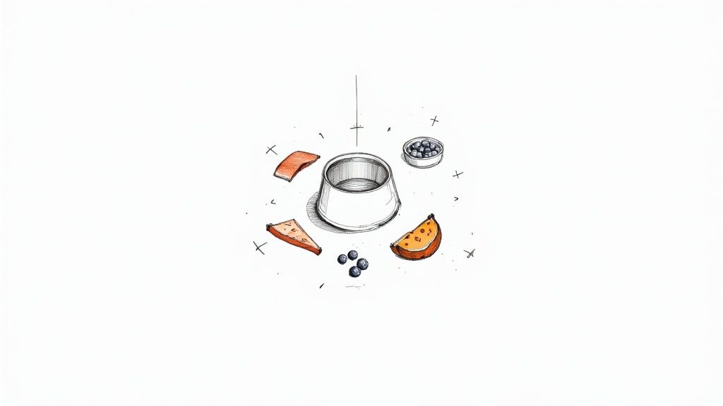 Illustration of a pet food bowl surrounded by fresh ingredients like salmon, sweet potato, and blueberries.
