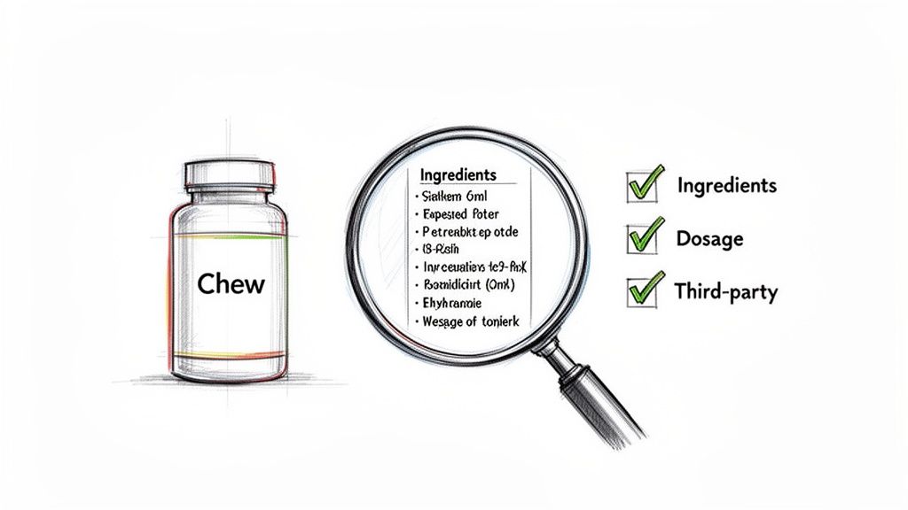 A sketch showing a 'Chew' bottle, magnifying glass revealing ingredients, and a checked list of product details.