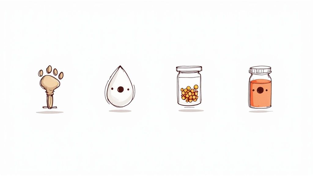 A close-up of different types of dog supplements like chews, powders, and oils.