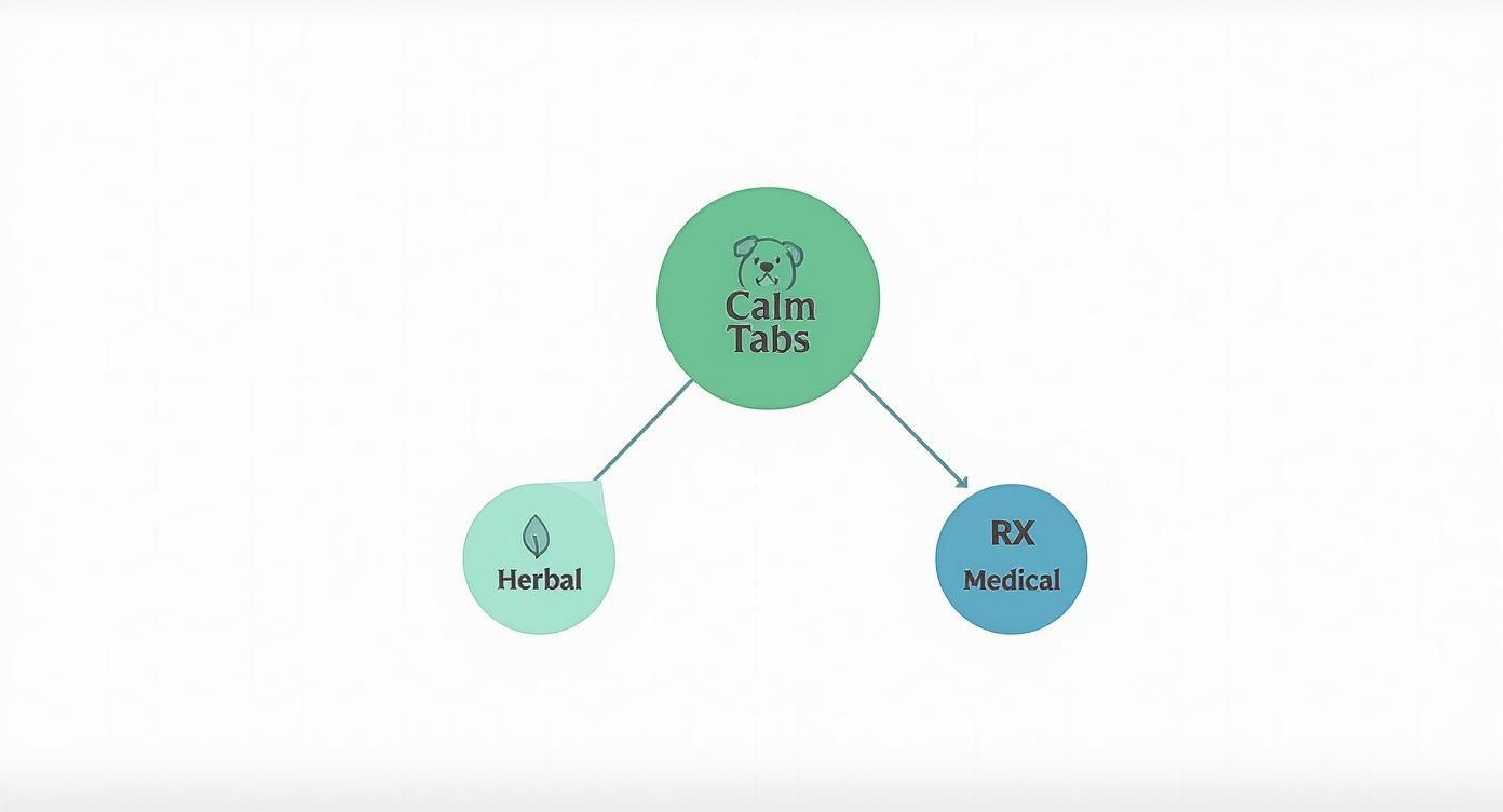Diagram illustrating 'Calm Tabs' options for dogs: 'Herbal' and 'RX Medical' solutions.