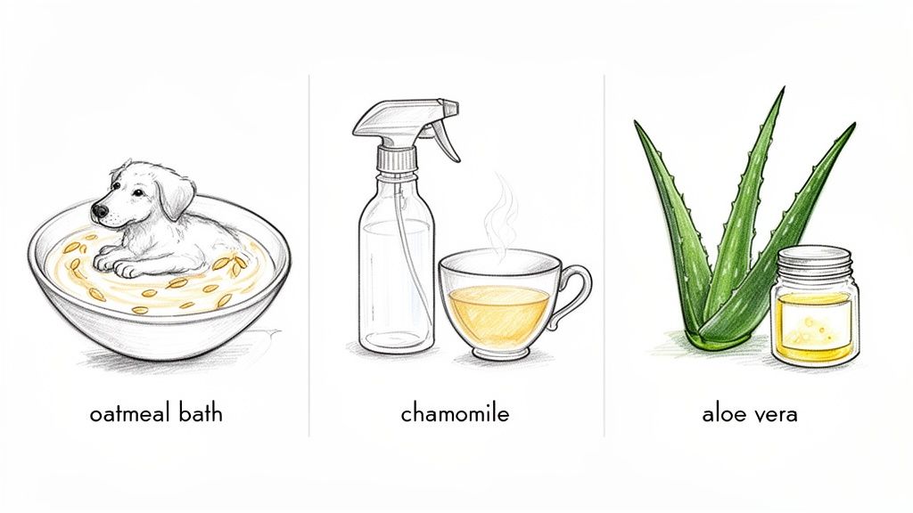 Illustrations of natural dog allergy treatments: an oatmeal bath, chamomile spray and tea, and aloe vera.