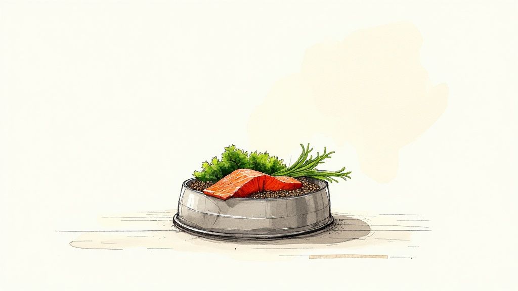 A bowl of dog food with fresh ingredients like salmon, carrots, and peas surrounding it.