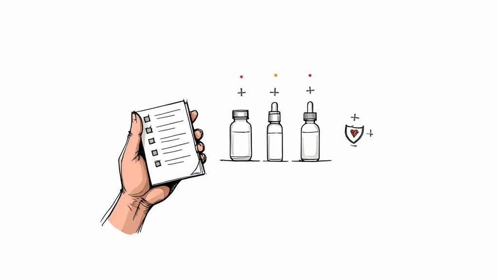 A hand holds a checklist, next to three bottles and a shield with a heart, symbolizing selection for wellness.
